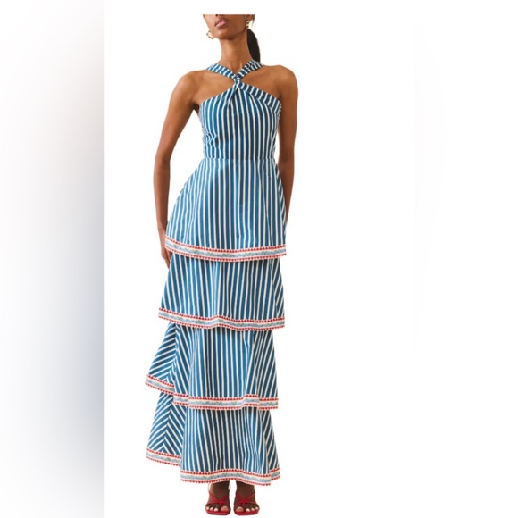 Eddy Dresses & Skirts - Striped Blue & White Tiered Maxi Dress with Red Trim